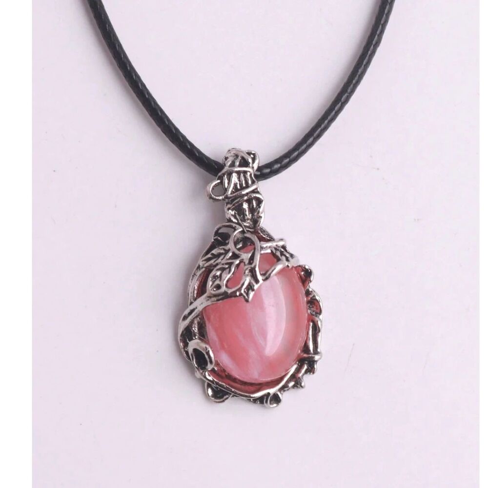 Natural Watermelon Red Quartz Pendant Necklace Silver Oval Gemstone Crystal Boho